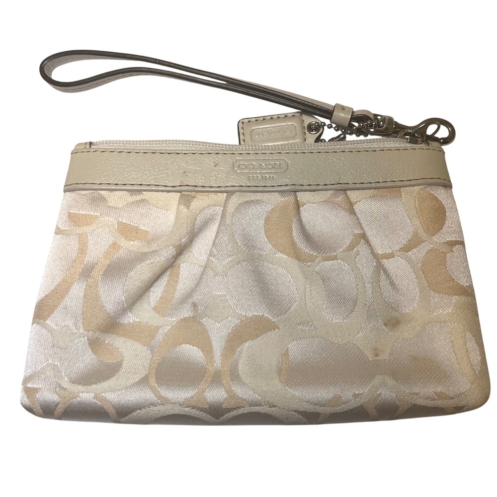 Coach Signature Jacquard Wristlet Women Small Cream Gold Pleated Monogram Bag